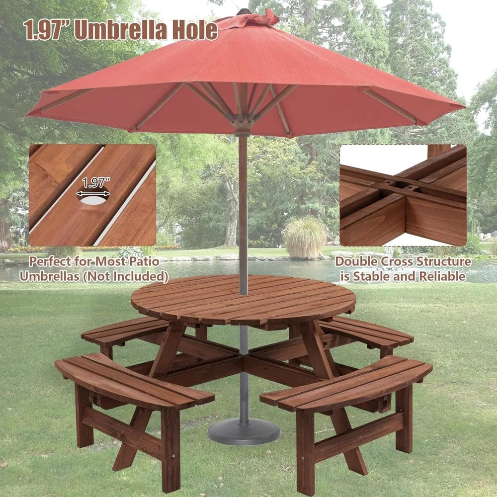 Outdoor Picnic Table with Umbrella Hole, Round Wood Dining Set for Patio Garden Backyard, Solid Fir Wood with 4 Benches