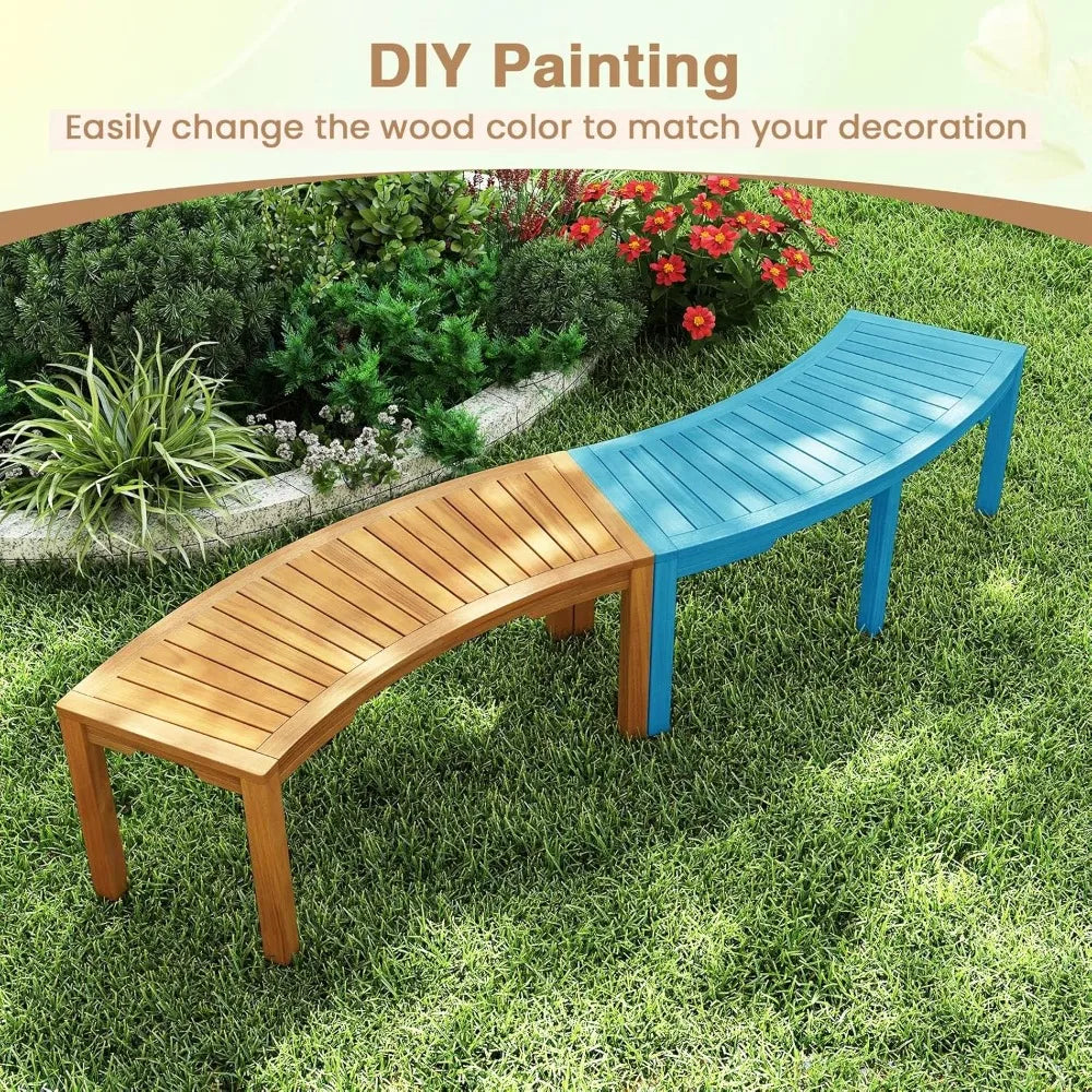 Moccha Outdoor Curved Bench, Acacia Wood Fire Pit Bench w/Slatted Seat, Loveseat, Outside Chair, Patio Backless 2-Person Seating