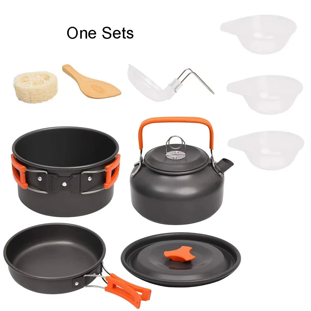 Outdoor camping cookware set made of aluminum alloy material not easy to stick to the pot nested packaging convenient to carry