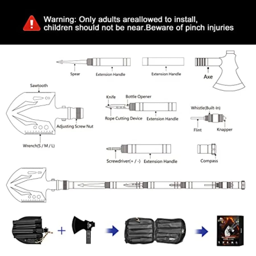 Survival Shovel High Carbon Steel Tactical Shovel Axe Folding Entrenching Tool Camping Hiking Shovel Carrying Pouch Car Emergen