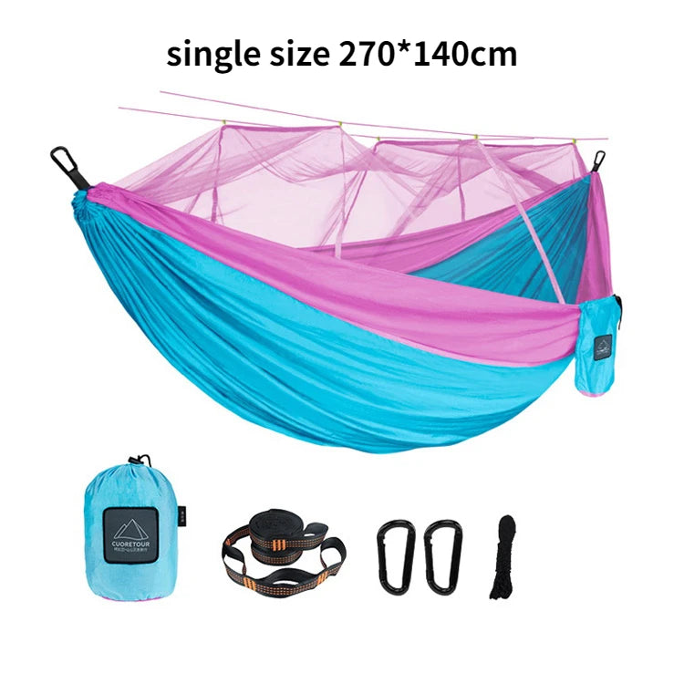 Single and Double Size Nylon Fabric Portable Travel Outdoor Camping Hanging Sleeping Hammock with Mosquito Net