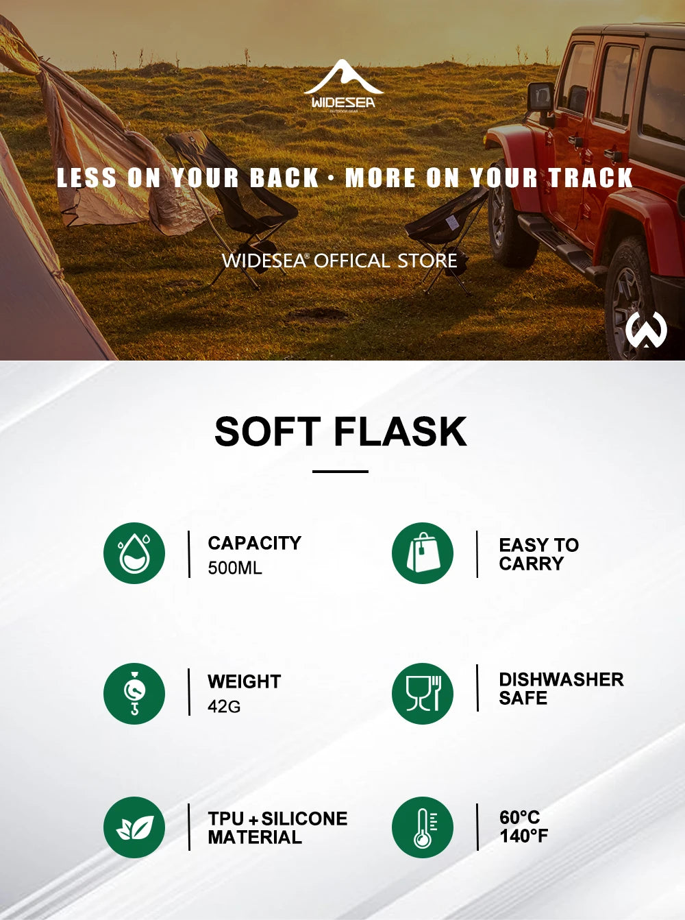 Widesea Camping Outdoor Soft Flask 500ml Portable Sport Water Bottle Water Bag Collapsible Water Bottle Running Camping Hiking