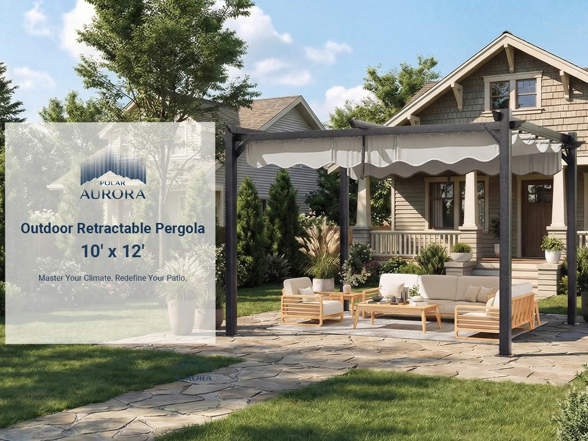 10x12FT Outdoor Aluminum Pergola, with Retractable Canopy and Anchoring Stand, Backyard
