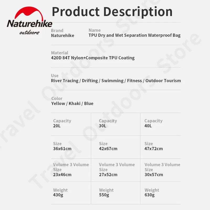 Naturehike Waterproof Backpack TPU Dry Wet Separation 20L/30L/40L High Capacity Wear Resistant Outdoor Water Sport Travel Bag
