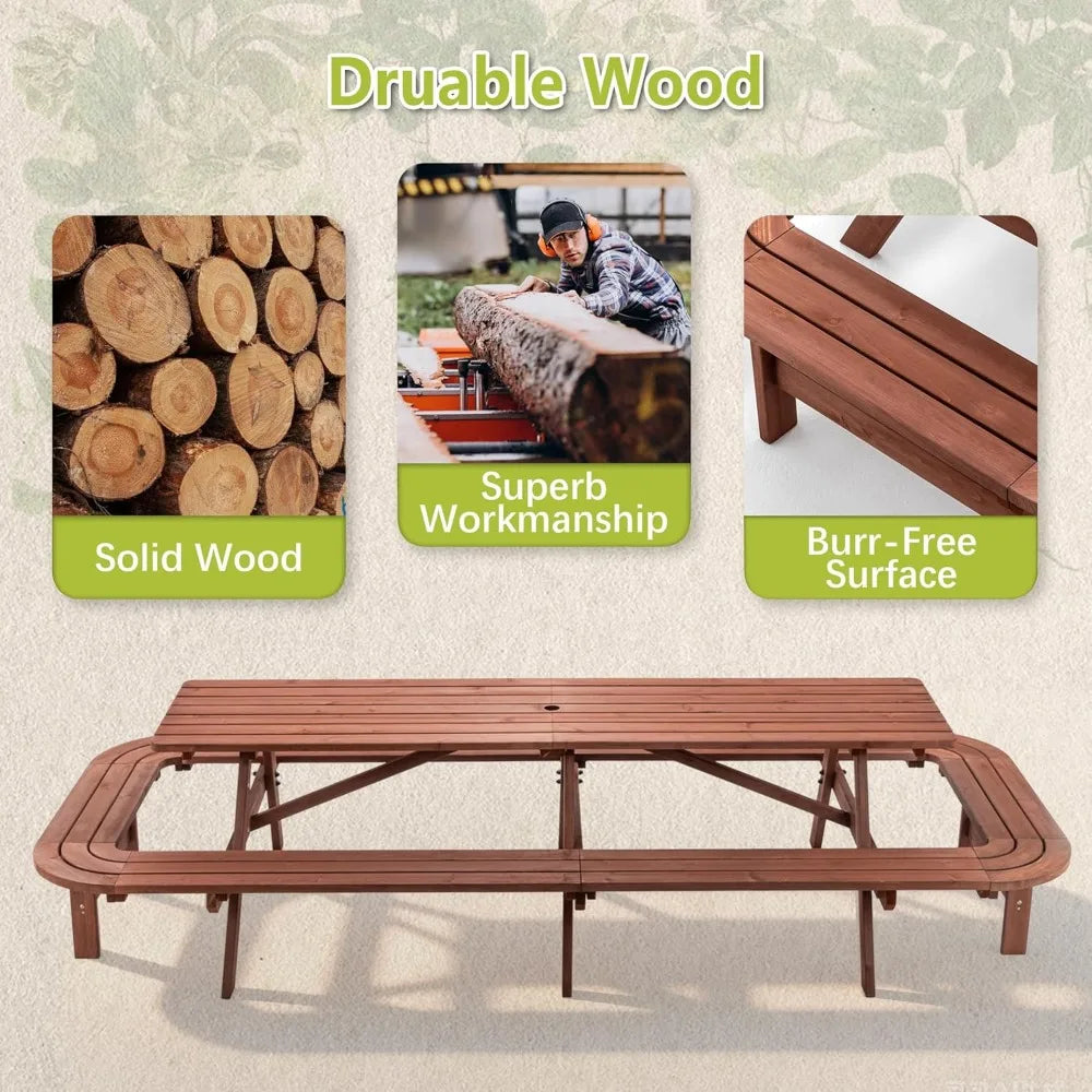 121" Long Wooden Outdoor Picnic Table with Built-in Benches for 14-16 Persons, Rustic Brown Patio Dining Set with Umbrella Hole