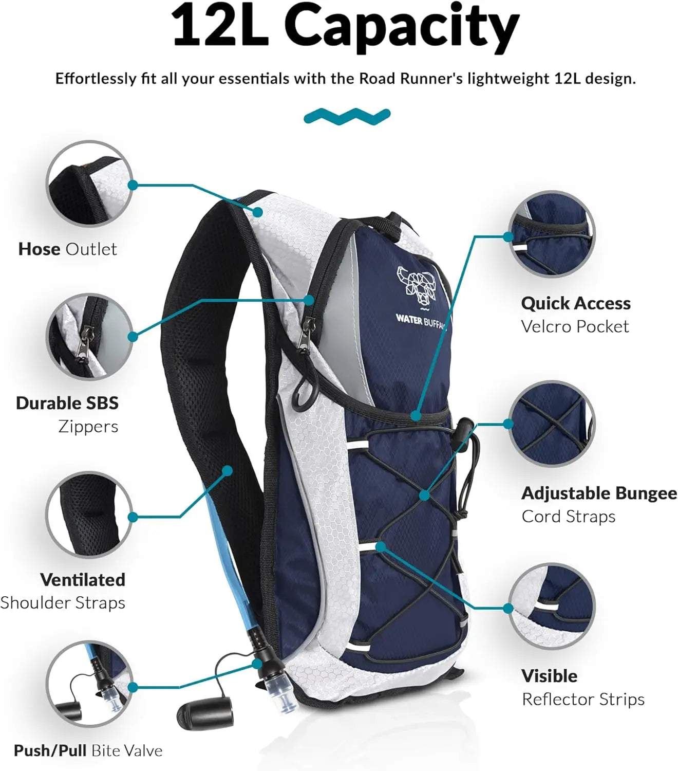 Water Buffalo Hydration Backpack 2L Water Bladder Lightweight Hydration Pack for Hiking Running Biking Raves Road Runner 12L