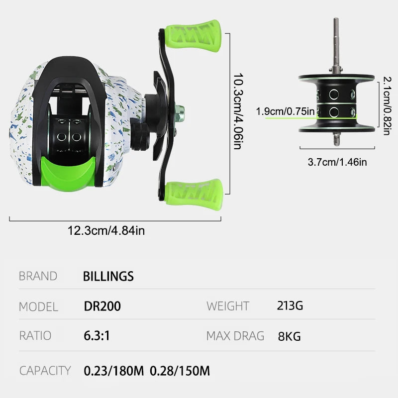 BILLINGS Baitcasting Reel 8kg Max Drag Magnetic Brake System 6.3:1 Gear Ratio Bait Caster Fishing Reels for Fresh Saltwater