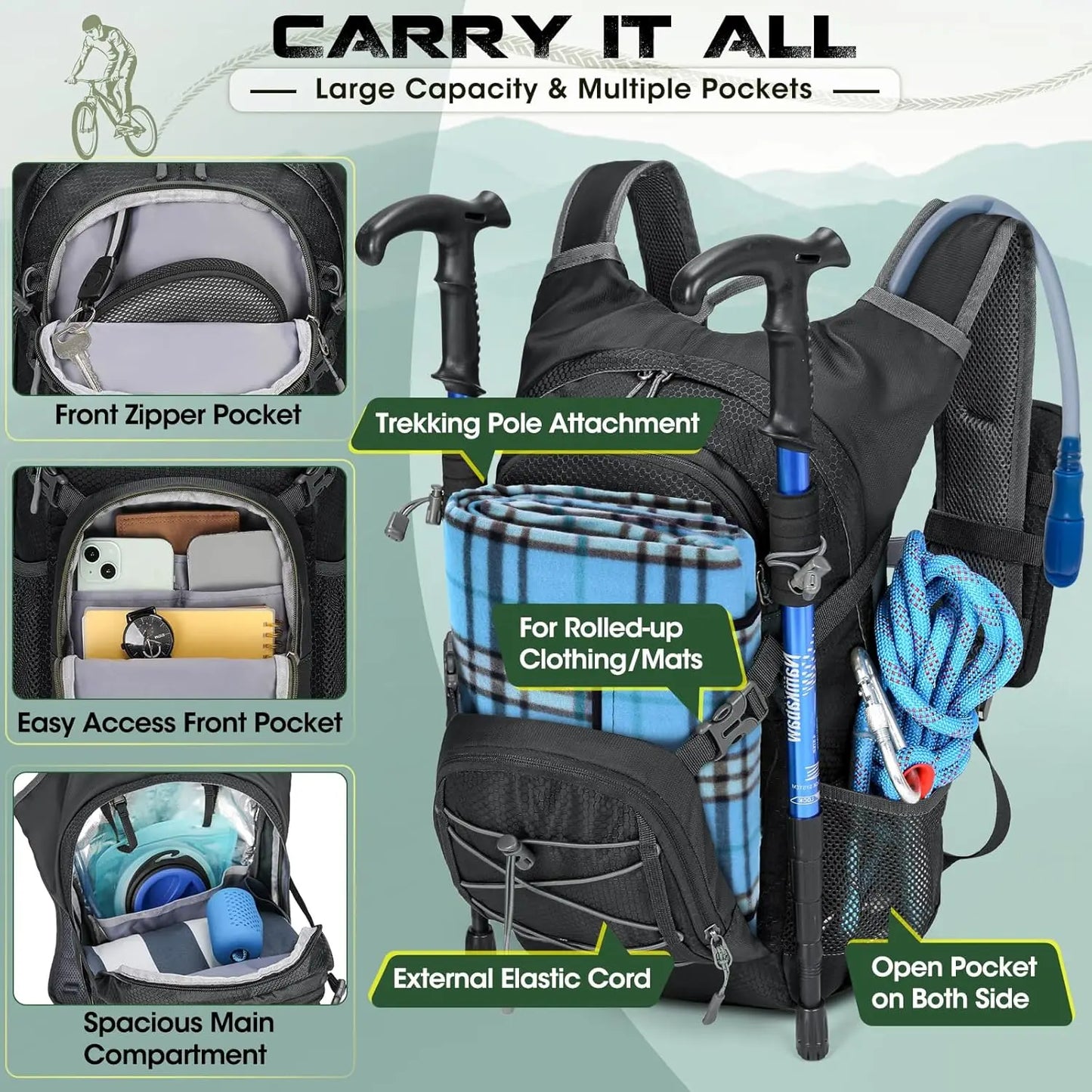 Hydration Backpack with Water Bladder 18L Lightweight Hiking Backpack Insulated Water Pack for Hiking Running Cycling Biking