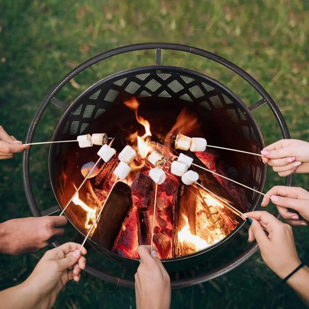 36 Outdoor Wood-Burning Fire Pit with Mesh Screen, Poker, and Rain Cover for Patio BBQ and Bonfires