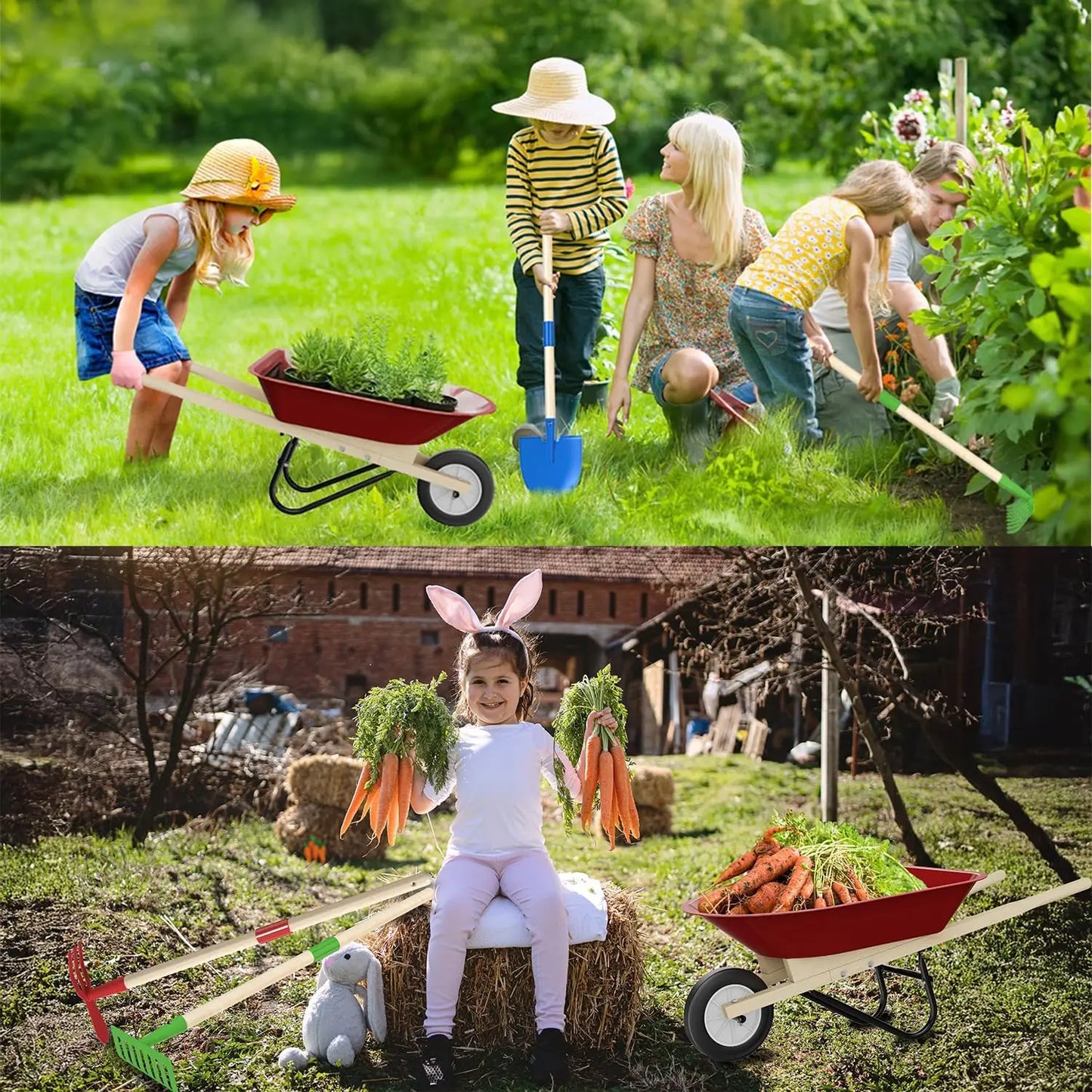 Kids Wheelbarrow Set with Gardening Tools for Outdoor Backyard Play, Toddlers Boys Girls 3-8, Easter Birthday Gifts