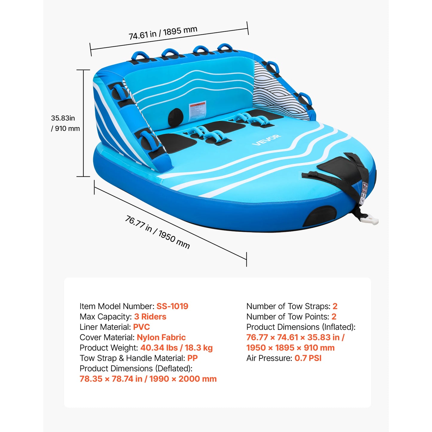 SucceBuy Towable Tubes for Boating 2/3/4-Rider 340/510/680 lbs Water Sports Boating Tubes-with Full Nylon Cover Dual Tow Points