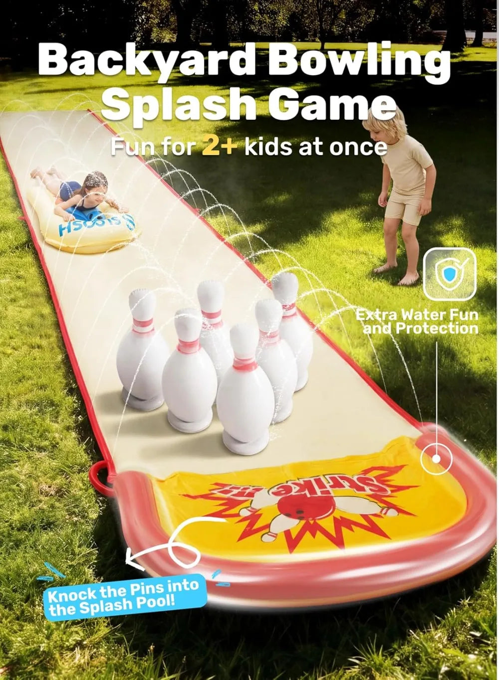 20FT Lawn Water Slide Bowling Game Set with 2 Bodyboards, Summer Slip Waterslide Toy with Built-in Sprinkler for Backyard Outdoor Fun