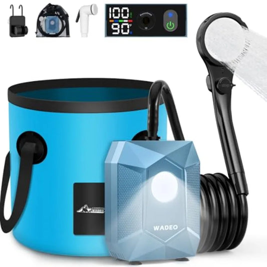 WADEO Portable Shower for Camping Outdoor Electric Shower Rechargeable Pump with 20L Collapsible Bucket Camping Shower Light fo
