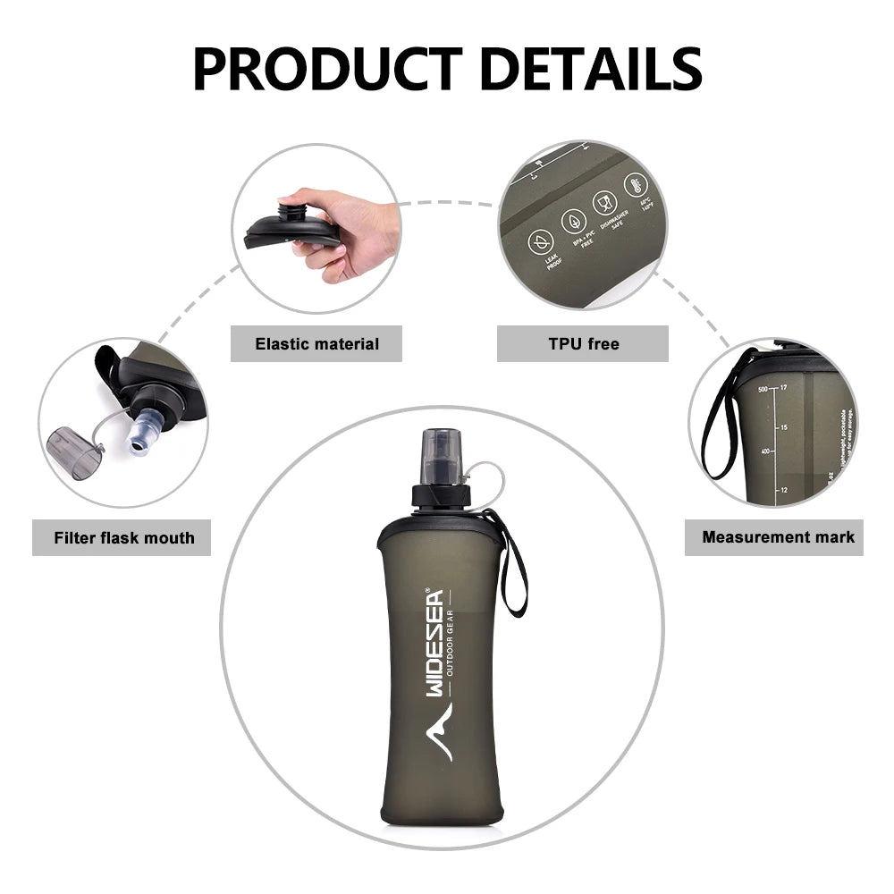 Widesea Camping Outdoor Soft Flask 500ml Portable Sport Water Bottle Water Bag Collapsible Water Bottle Running Camping Hiking