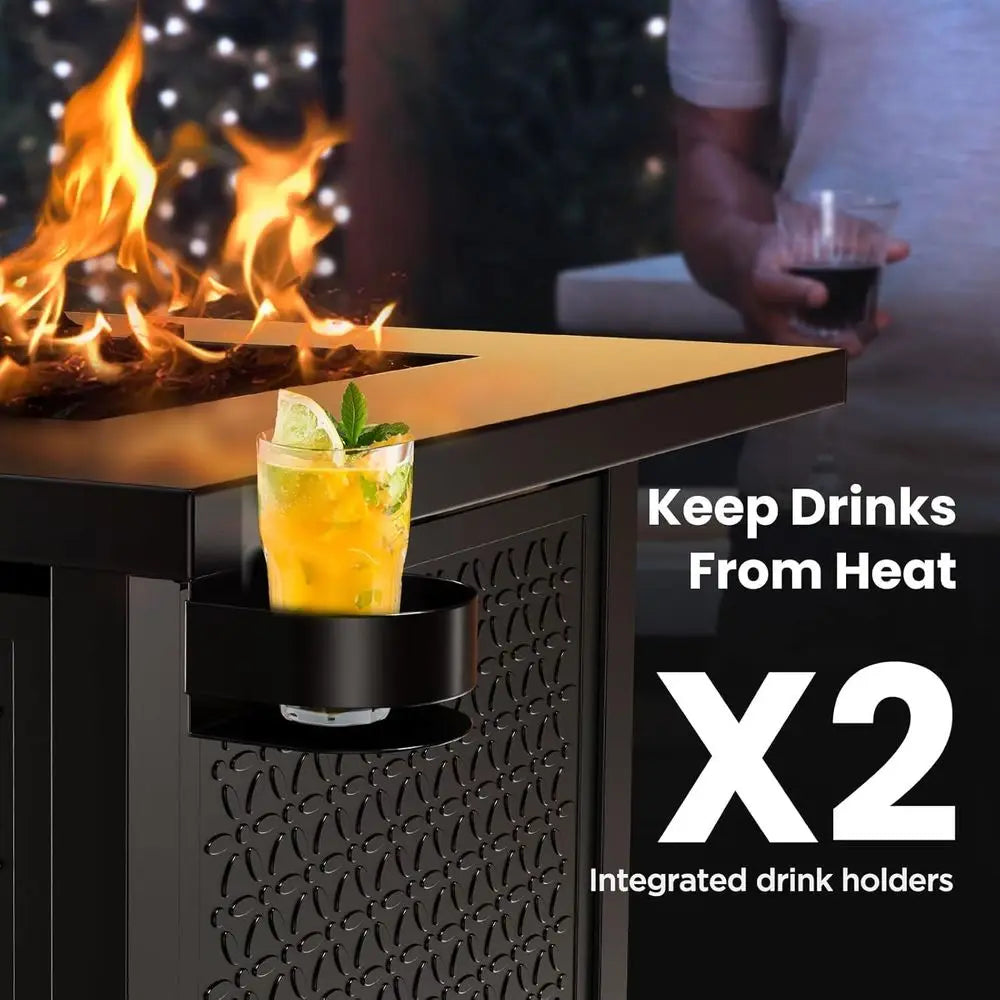 32 Outdoor Gas Fire Pit, 50,000 BTU, Black Steel Table with Lid & Lava Rocks for Patio, Deck, or Garden
