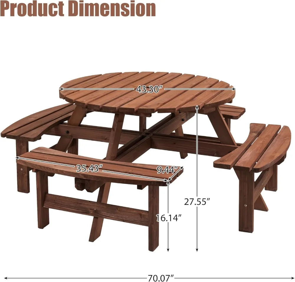 Outdoor Picnic Table with Umbrella Hole, Round Wood Dining Set for Patio Garden Backyard, Solid Fir Wood with 4 Benches