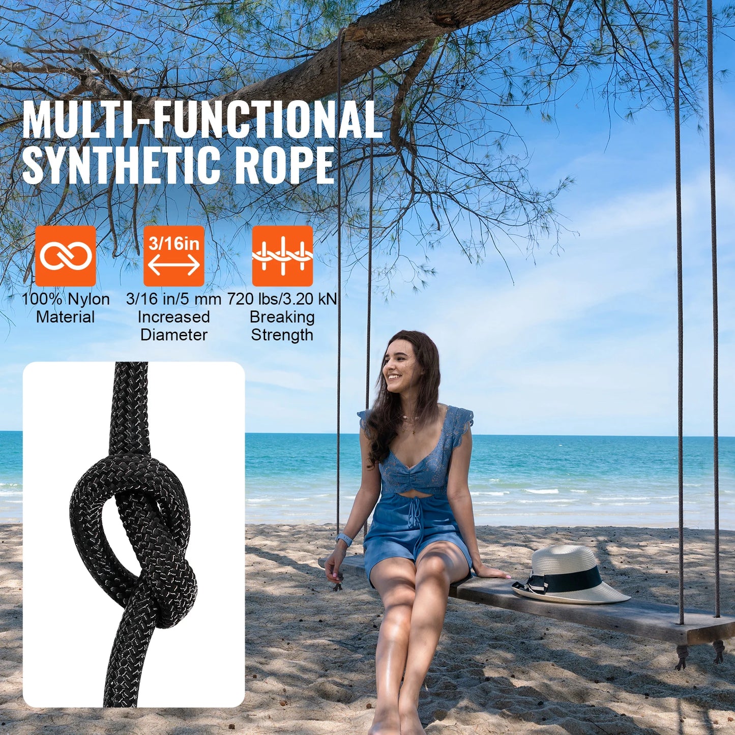 SucceBuy 3/16 in 250/1000ft Nylon Cord 32-Strand Design Multi-Purpose Rope for Outdoor Adventures Tree Work Emergency Situation