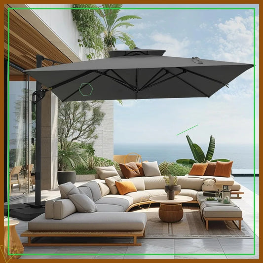 12ft Cantilever Patio Umbrella with Base, 360-degree Rotation, Aluminum Pole for Garden Pool Backyard, Grey