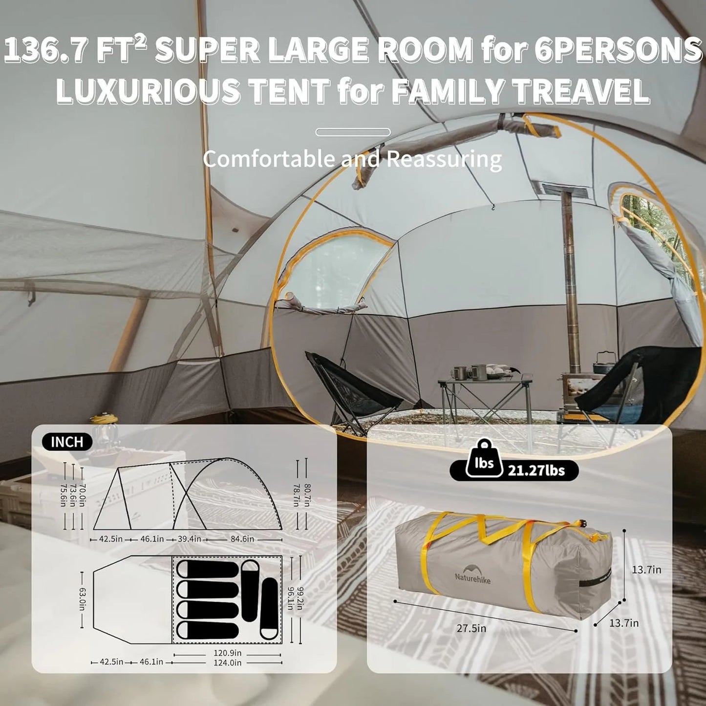 Naturehike KOTA6 Tunnel Tent 75D One Room One Living Room Large Space 4 SeasonTent Outdoor Travel Waterproof Tents With Chimney