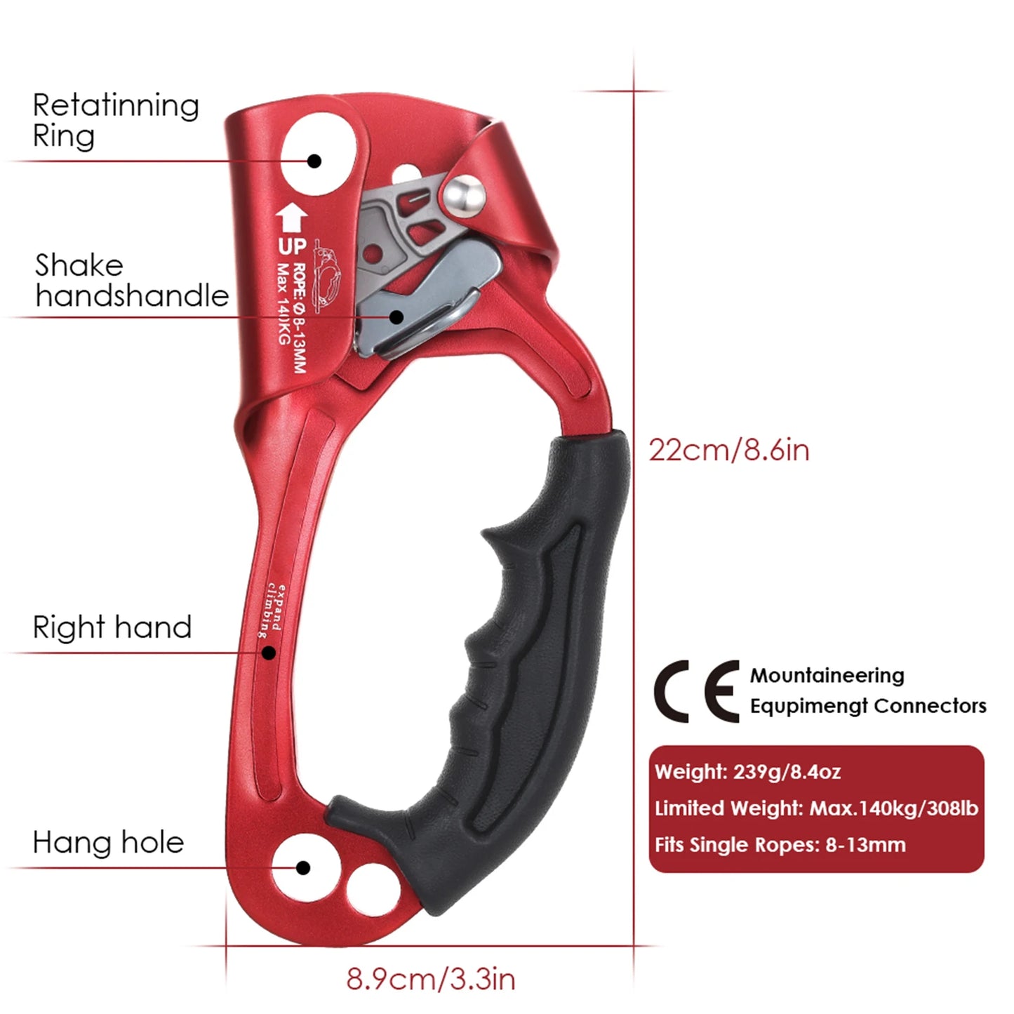 Hand Ascender Vertical Rope Ascender Rock Climbing Equipment Aloft Working Climbing Protective Tools 140kg Bearing Capacity