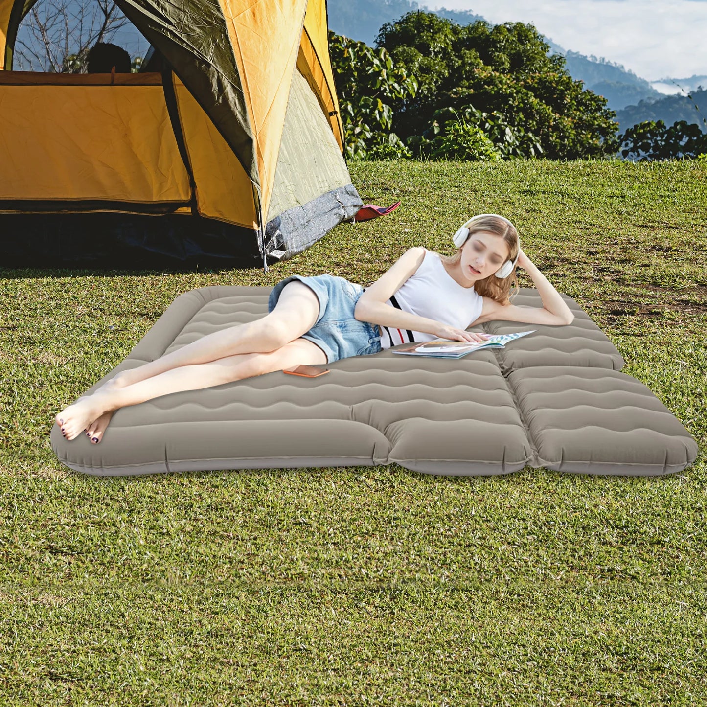 SUV Air Mattress Inflatable, Portable Backseat Sleeping Pad, Car Air Mattress for Backseat, 300kg Capacity, Grey Flocking PVC, with Electric Pump, for Road Trip Camping