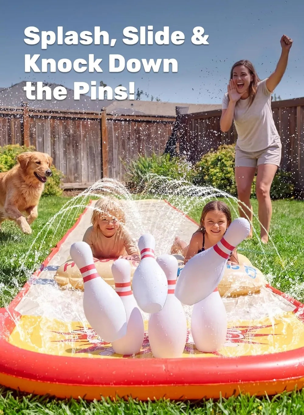 20FT Lawn Water Slide Bowling Game Set with 2 Bodyboards, Summer Slip Waterslide Toy with Built-in Sprinkler for Backyard Outdoor Fun