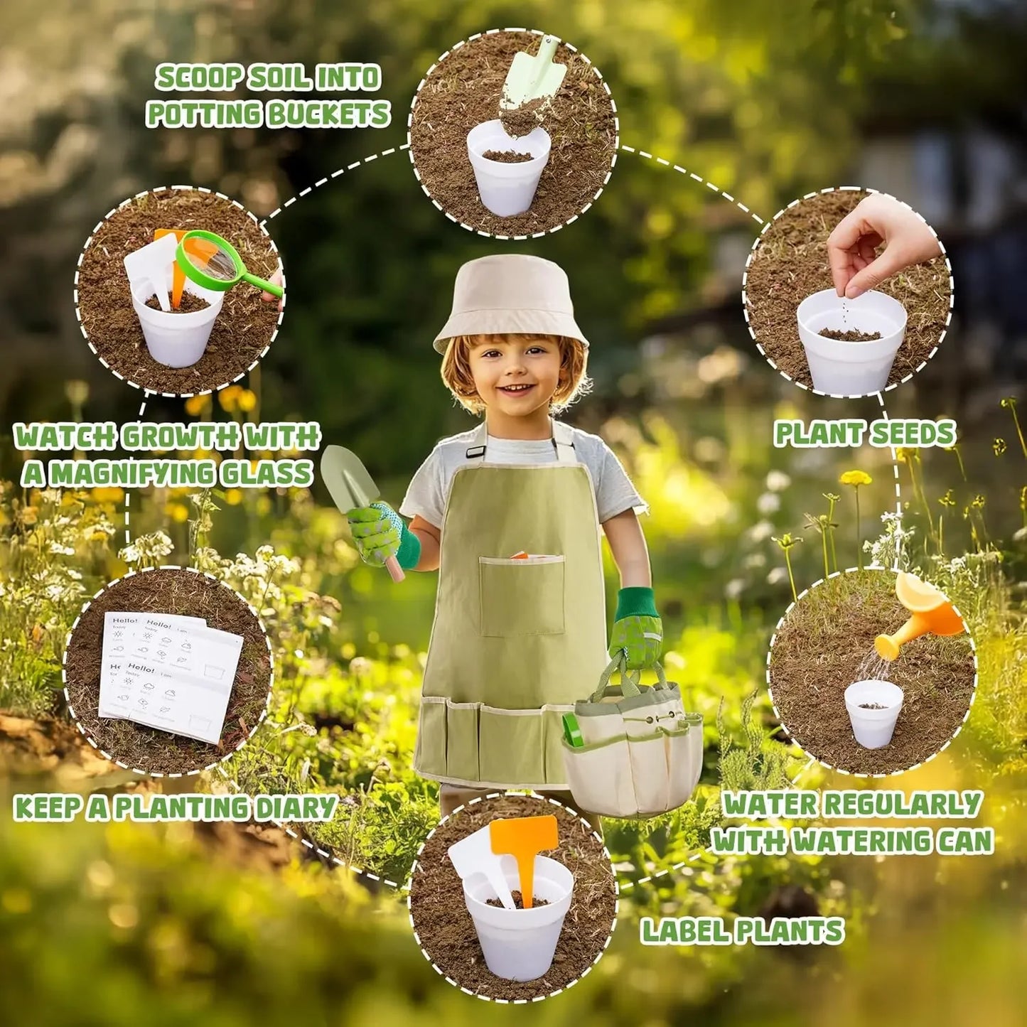 Robotime Gardening Tools 17 PCS Toddler Gardening Set Children's Gardening Tools Metal All in One Kit for Boys Girls Outdoor Toy