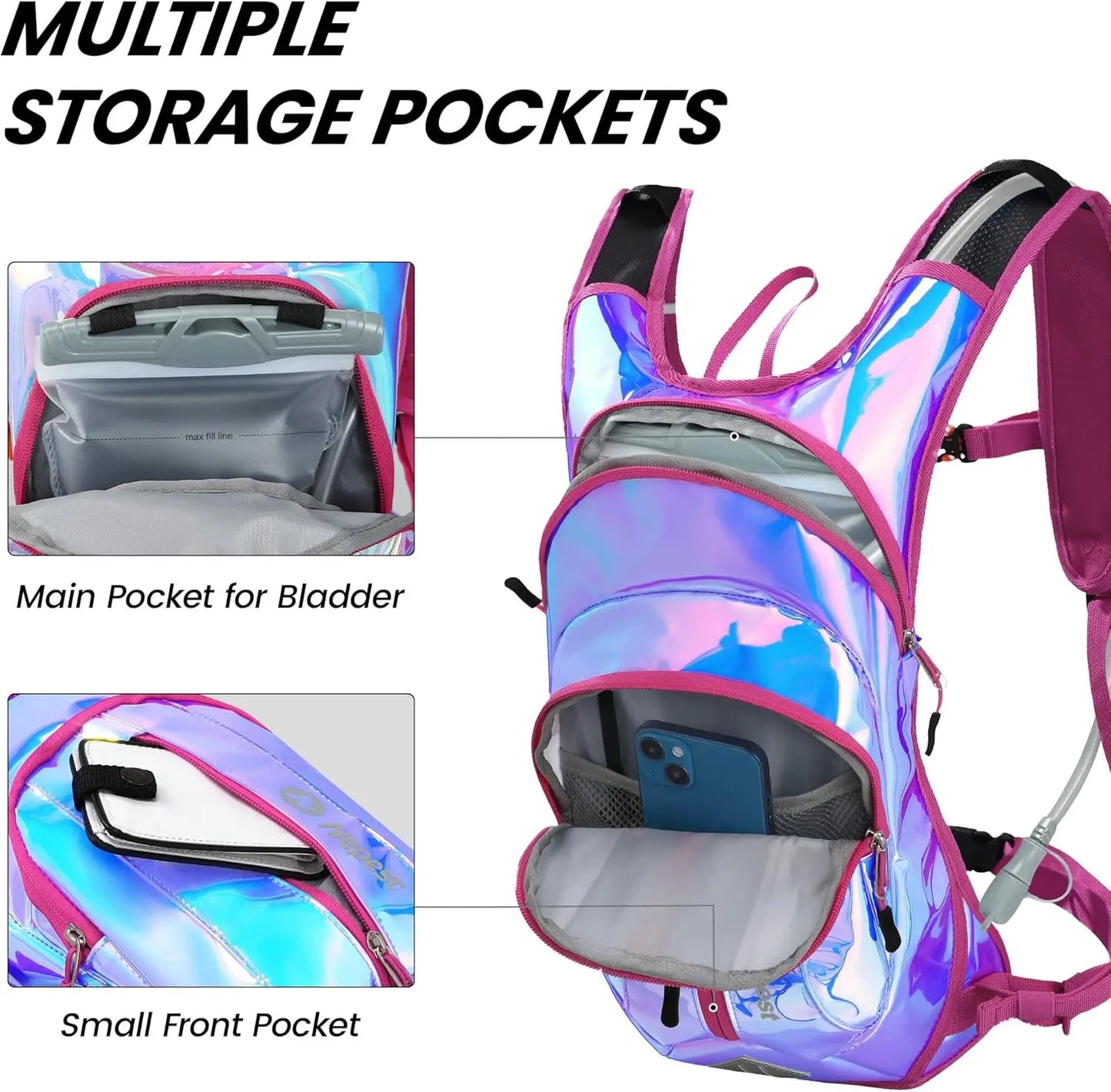 Hydration Pack Backpack 2L Water Bladder for Hiking Cycling Running, Lightweight Adjustable with Multiple Pockets