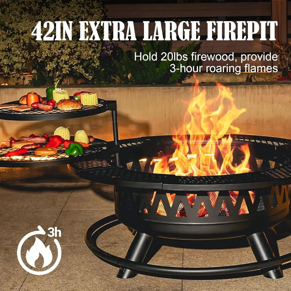 42 Inch Fire Pit with 2 Grills, Large Outdoor Firepits for Outside, Wood Burning Fireplace for Camping,Picnic,Bonfire, 3-in-1 Ro