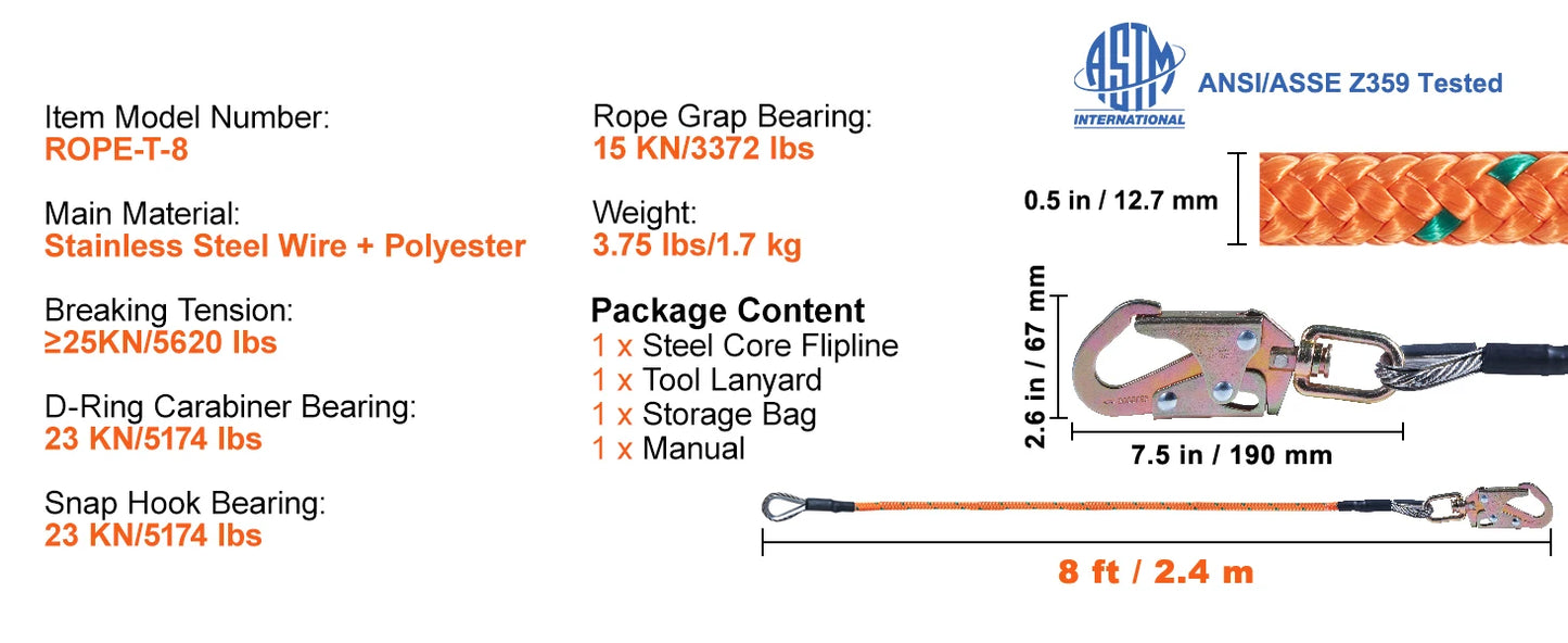 SucceBuy Steel Wire Core Flip Line Kit 25 KN Breaking Tension Solid Snap Hooks & Rope Grap for Arborists Tree Climbers Outdoors