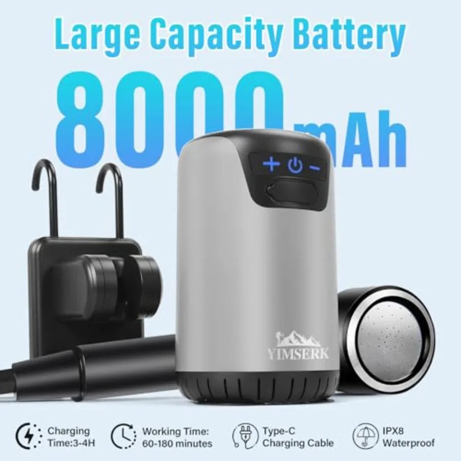 8000mAh Portable Camping Shower 10-Speed Camp Shower Pump LED Display 4 Spray Modes IPX8 Waterproof Outdoor Shower Kit for Hiki