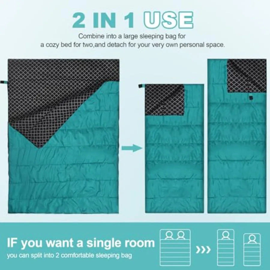 Cotton Flannel Double Sleeping Bag for Camping Backpacking or Hiking Queen Size 2 Person Waterproof Sleeping Bag for Adults or