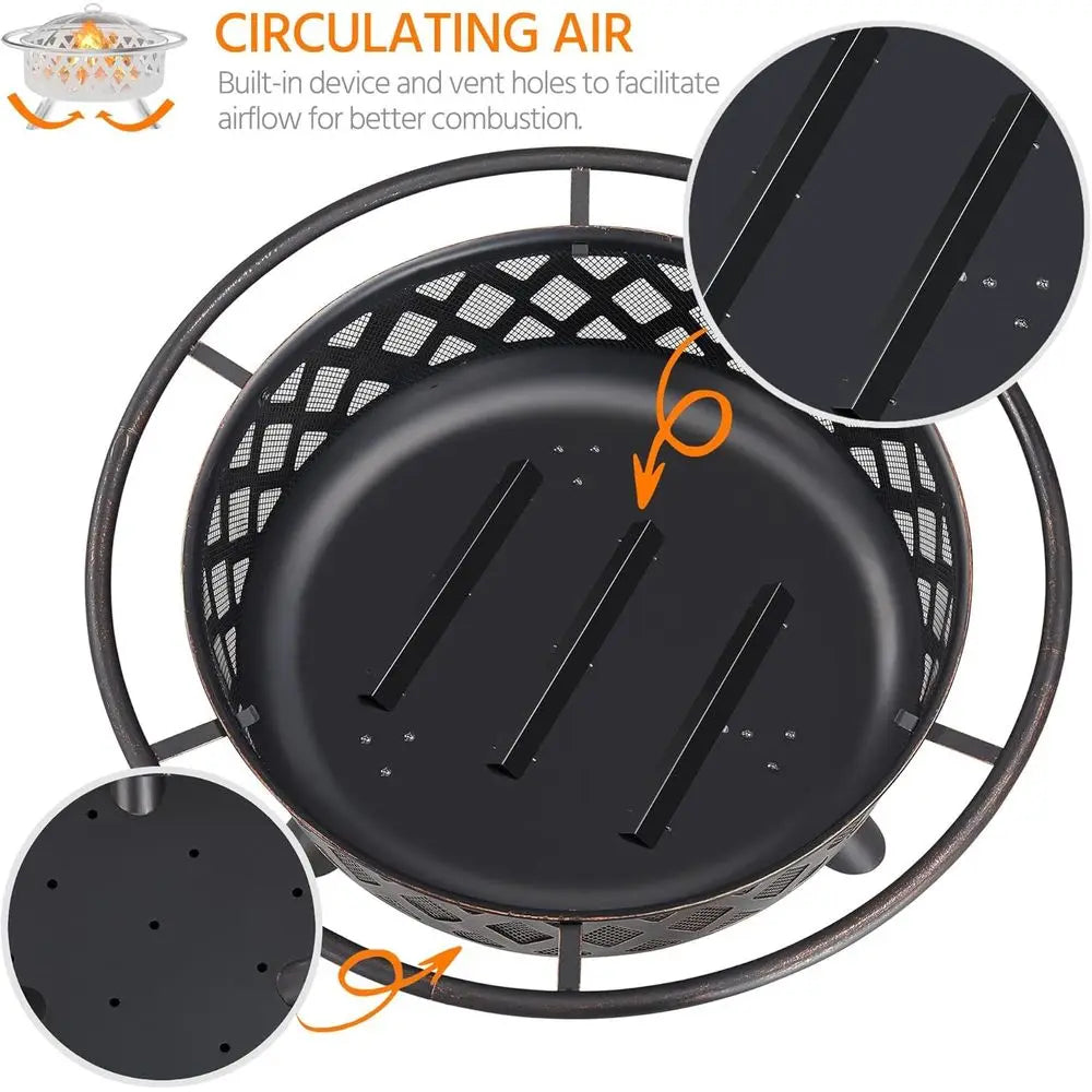 36 Outdoor Wood-Burning Fire Pit with Mesh Screen, Poker, and Rain Cover for Patio BBQ and Bonfires