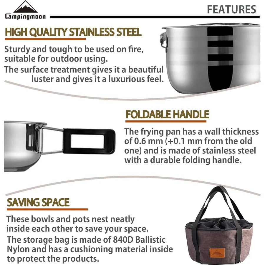 CAMPINGMOON Camping Cookware Set Stainless Steel Outdoor Nesting Cooking Mess Kit Pots Pans Bowls with Storage Carrying Tote Ba