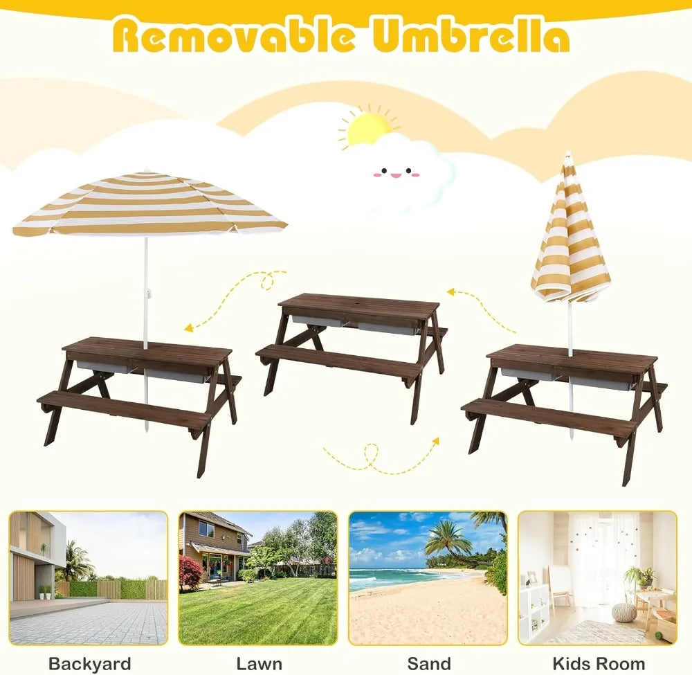 4-in-1 Kids Picnic Table with Sand Water Play, Adjustable Umbrella, Wooden Outdoor Activity Set for Backyard Garden