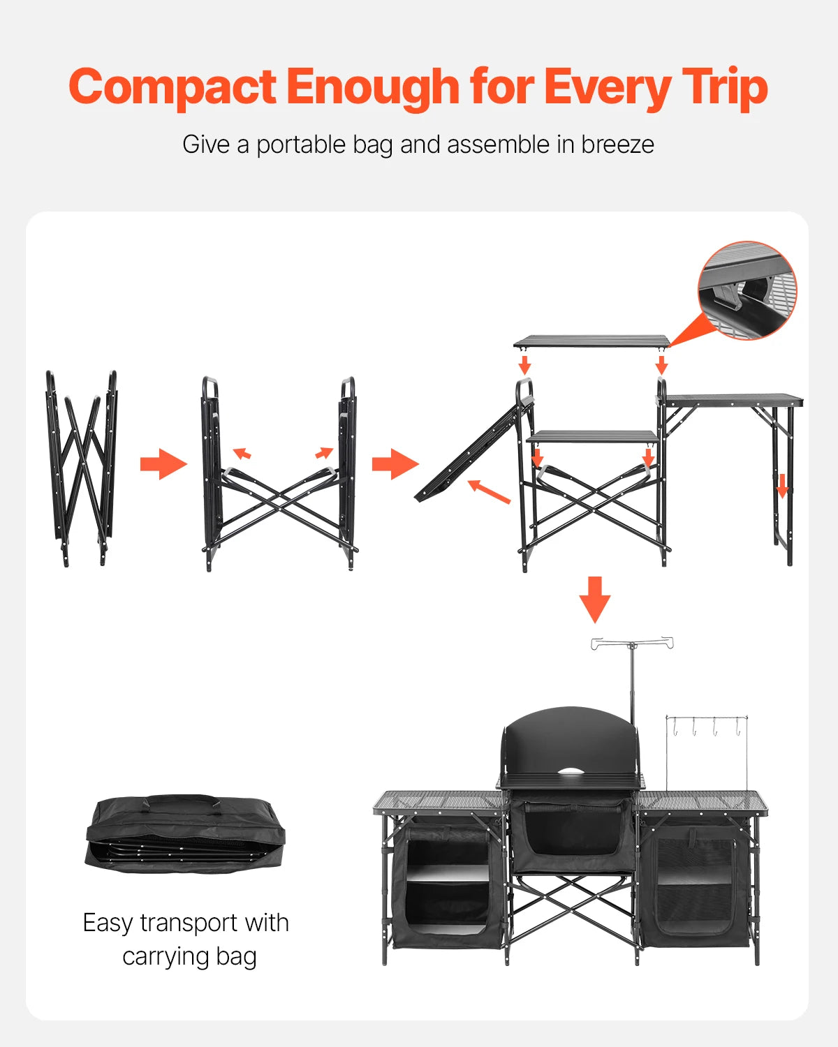 VEVOR Camping Kitchen Table Aluminum Portable Cook Station with 3 Storage Cupboard Carrying Bag Quick Set-up for BBQ Picnic