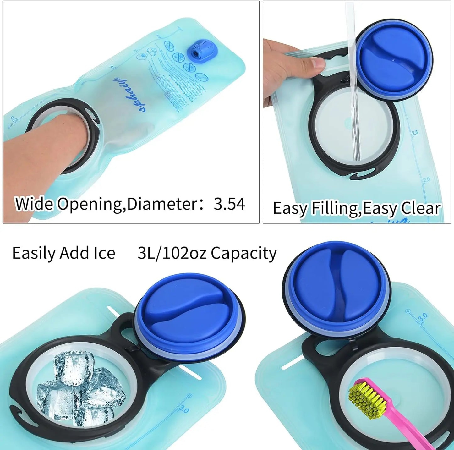 2 Pack Hydration Bladder 2L-3L with Cleaning Brush, Wide Opening Leak Proof Water Reservoir for Hiking Cycling Running Camping