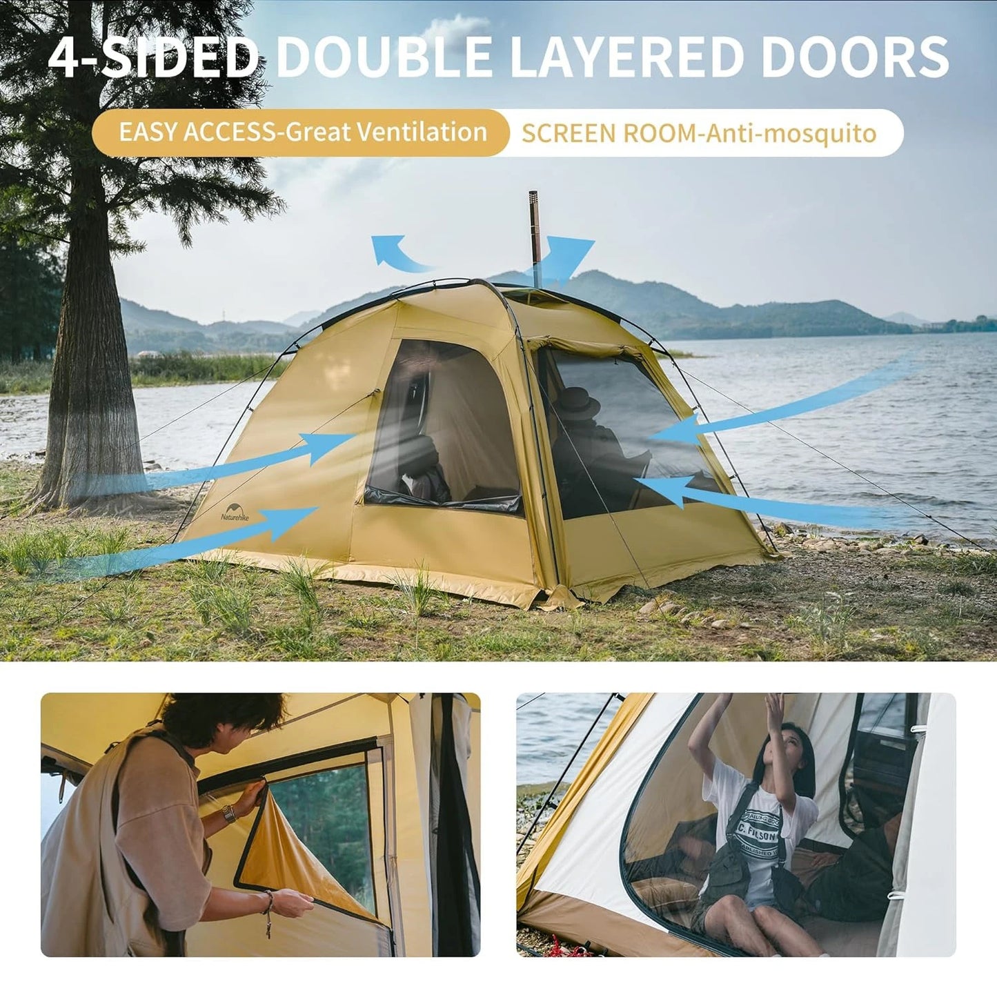 Naturehike Dune 7.6 Camping Tent 2 People Double Layer Tent Family Outdoor Travel Tent With Chimney Screen Window
