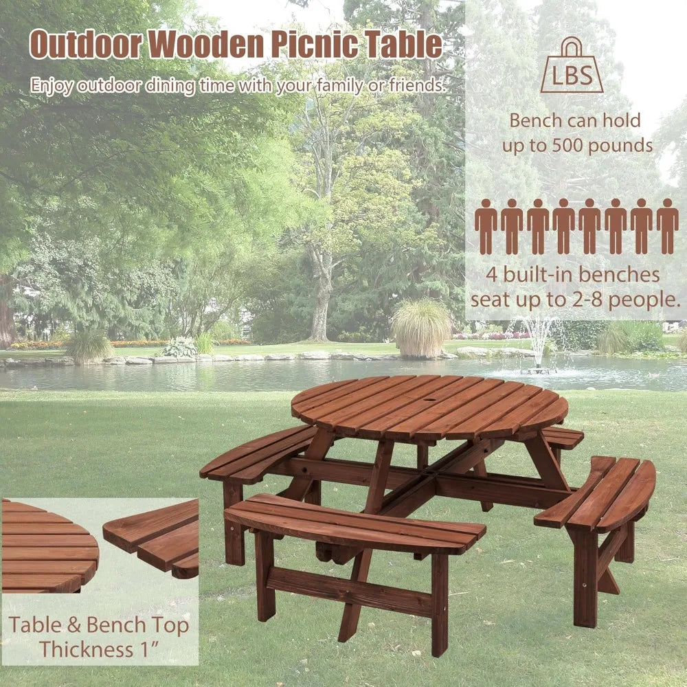 Outdoor Picnic Table with Umbrella Hole, Round Wood Dining Set for Patio Garden Backyard, Solid Fir Wood with 4 Benches