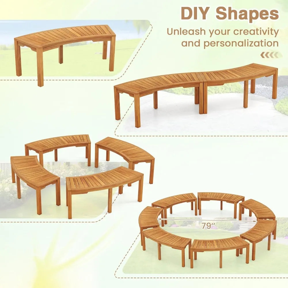 Moccha Outdoor Curved Bench, Acacia Wood Fire Pit Bench w/Slatted Seat, Loveseat, Outside Chair, Patio Backless 2-Person Seating