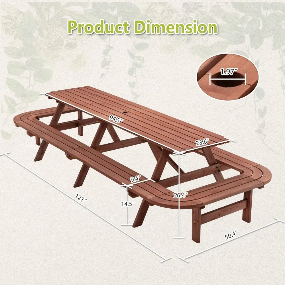 121" Long Wooden Outdoor Picnic Table with Built-in Benches for 14-16 Persons, Rustic Brown Patio Dining Set with Umbrella Hole