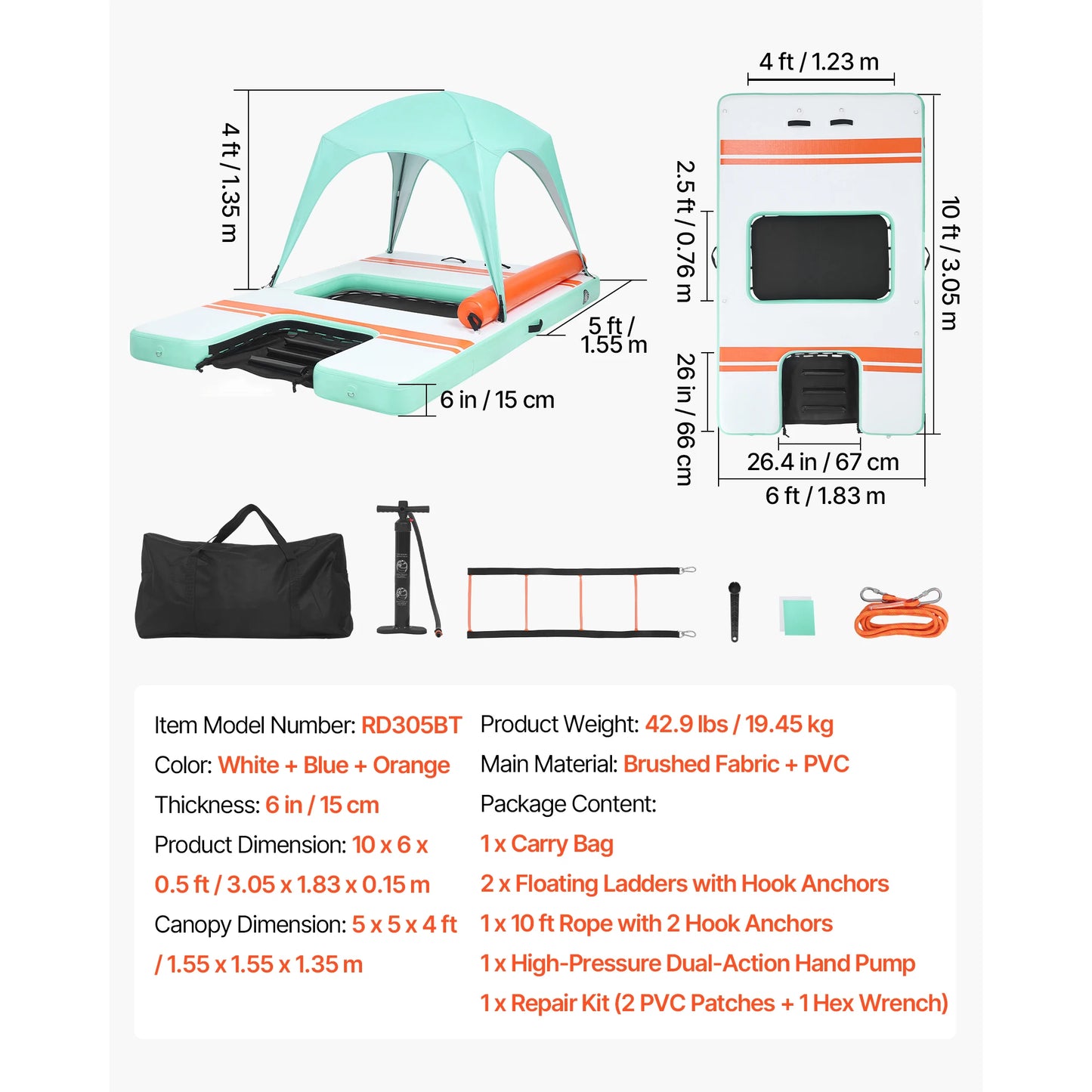 SucceBuy Inflatable Floating Dock Inflatable Dock Platform Non-Slip with Carrying Bag & Ladder Floating Platform Island Raft