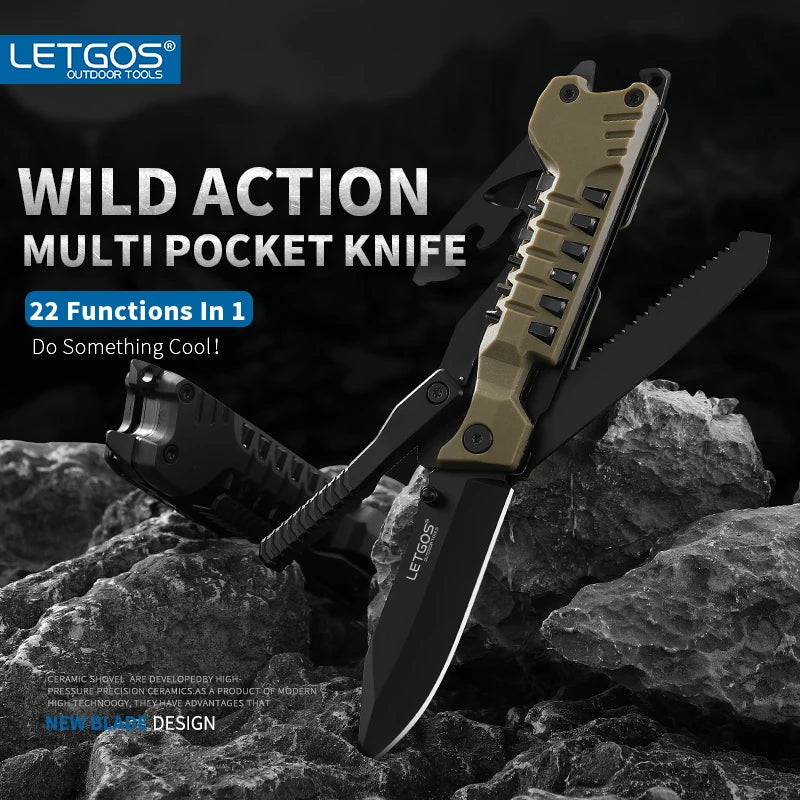 LETGOS Pocket Folding Knife, 22 in 1,Survival Gear EDC Rescue Tool with nylon sheath, Emergency, Camping, Hunting, Gift for dad