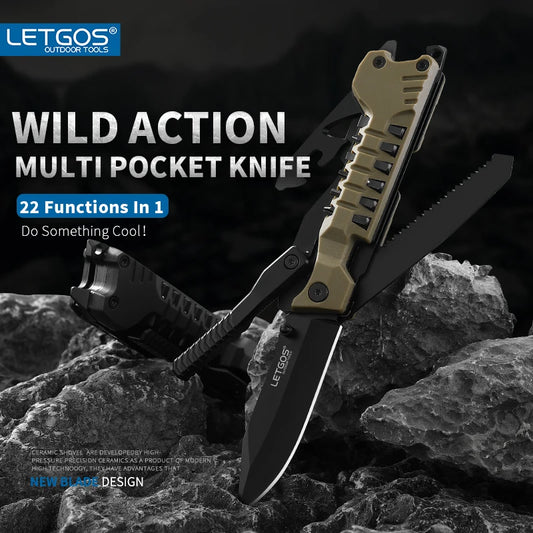 LETGOS Pocket Folding Knife, 22 in 1,Survival Gear EDC Rescue Tool with nylon sheath, Emergency, Camping, Hunting, Gift for dad