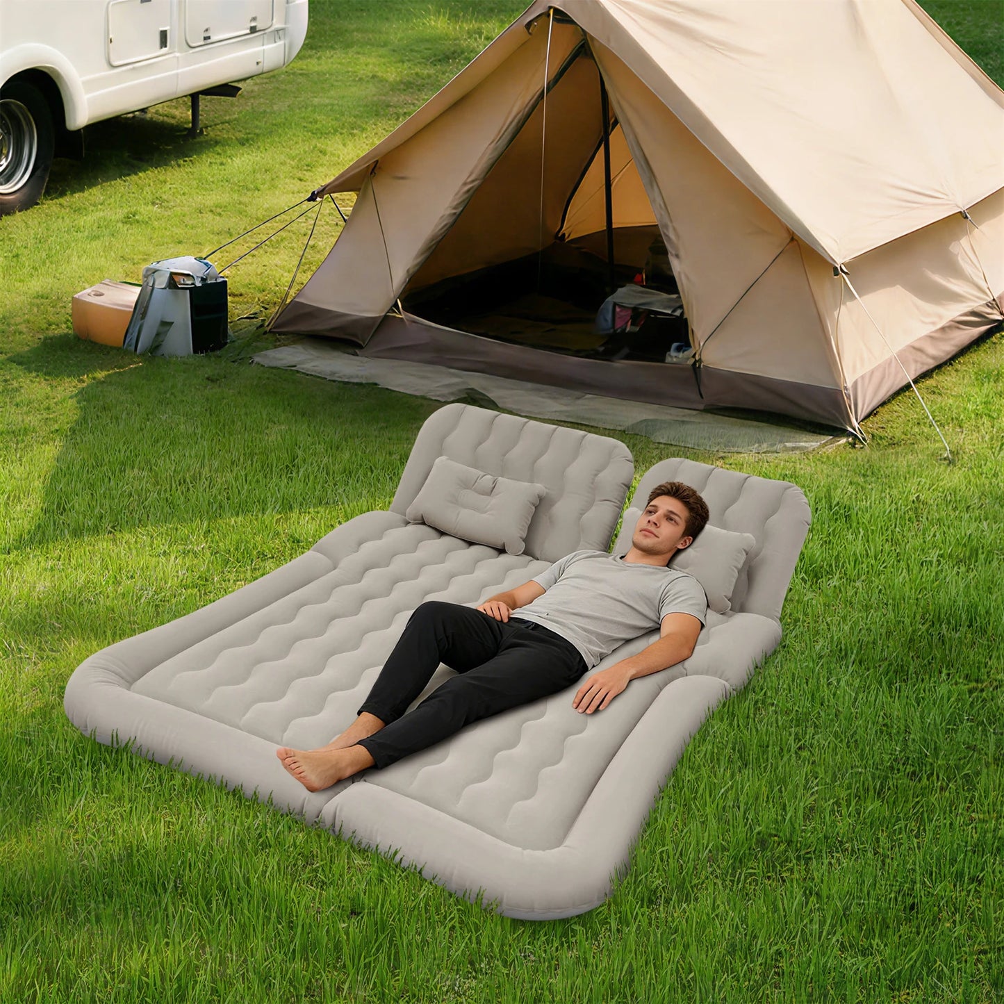 SUV Air Mattress Inflatable, Portable Backseat Sleeping Pad, Car Air Mattress for Backseat, 300kg Capacity, Grey Flocking PVC, with Electric Pump, for Road Trip Camping
