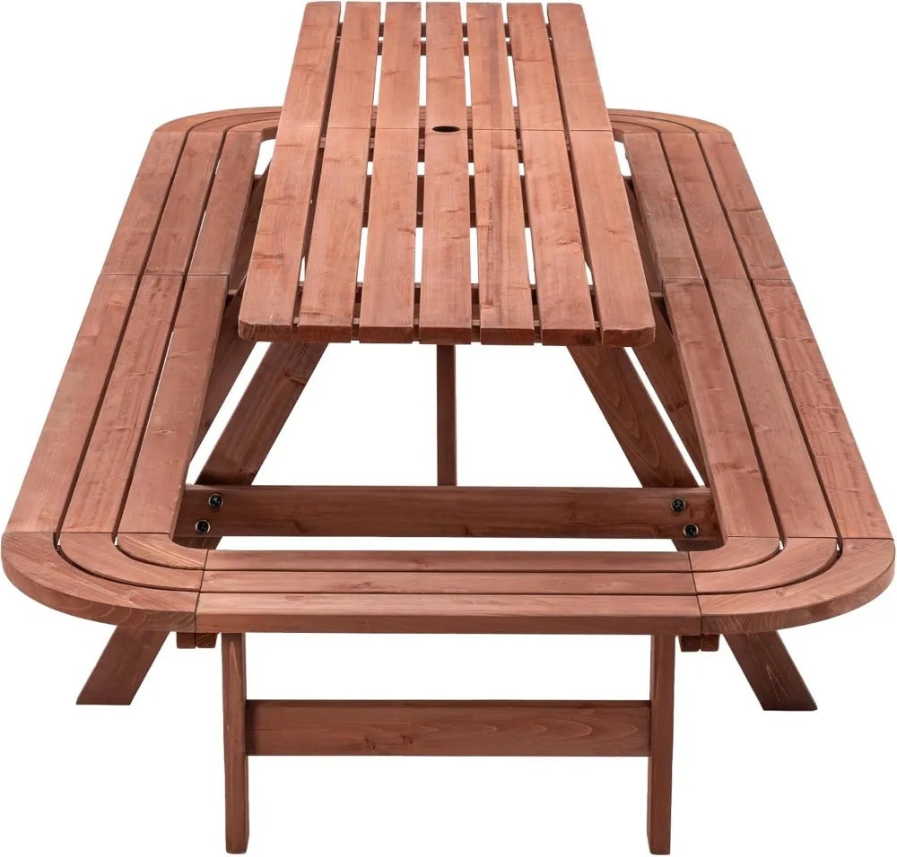 121" Long Wooden Outdoor Picnic Table with Built-in Benches for 14-16 Persons, Rustic Brown Patio Dining Set with Umbrella Hole