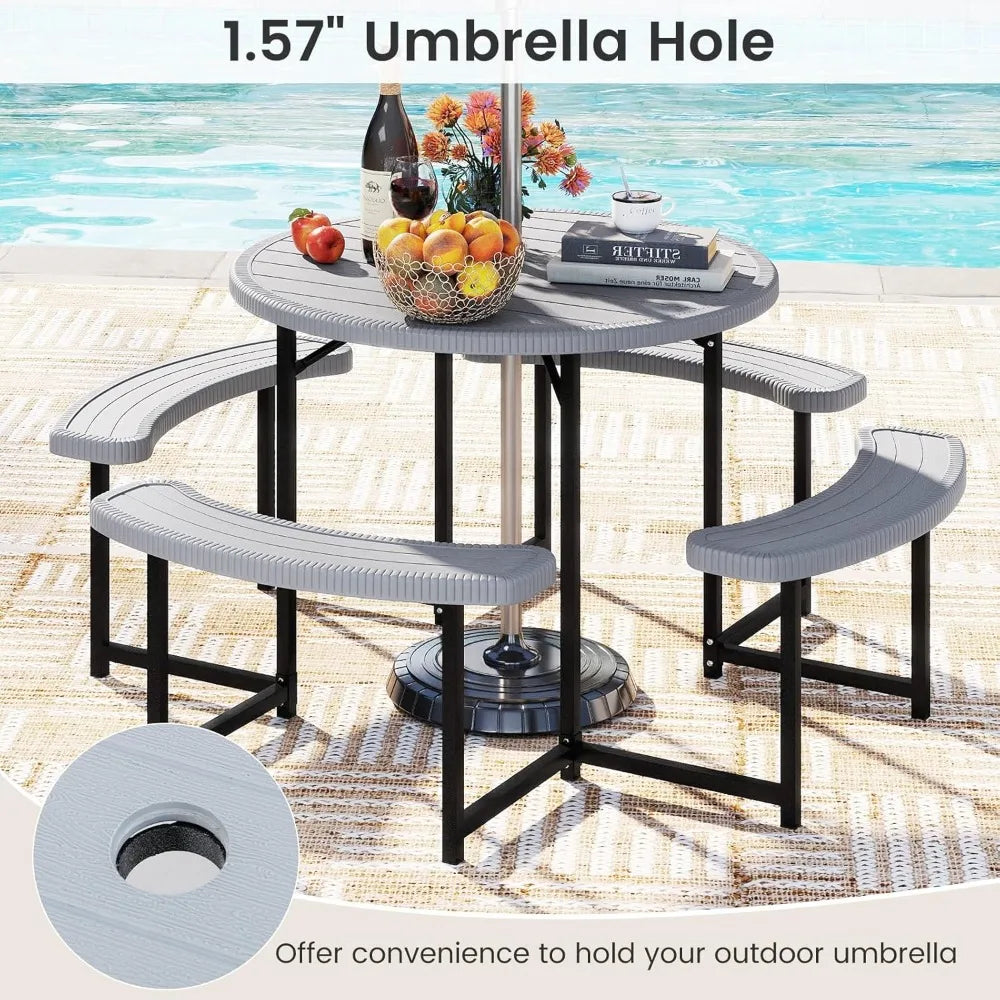 Outdoor Picnic Table with Benches, 8-Person Round Dining Set, Metal Frame & HDPE Top, Umbrella Hole for Patio Lawn