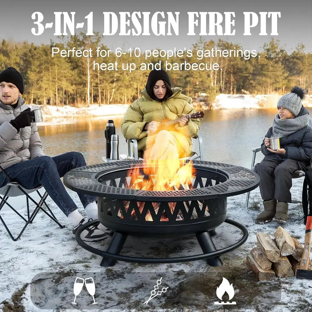 42 Inch Fire Pit with 2 Grills, Large Outdoor Firepits for Outside, Wood Burning Fireplace for Camping,Picnic,Bonfire, 3-in-1 Ro