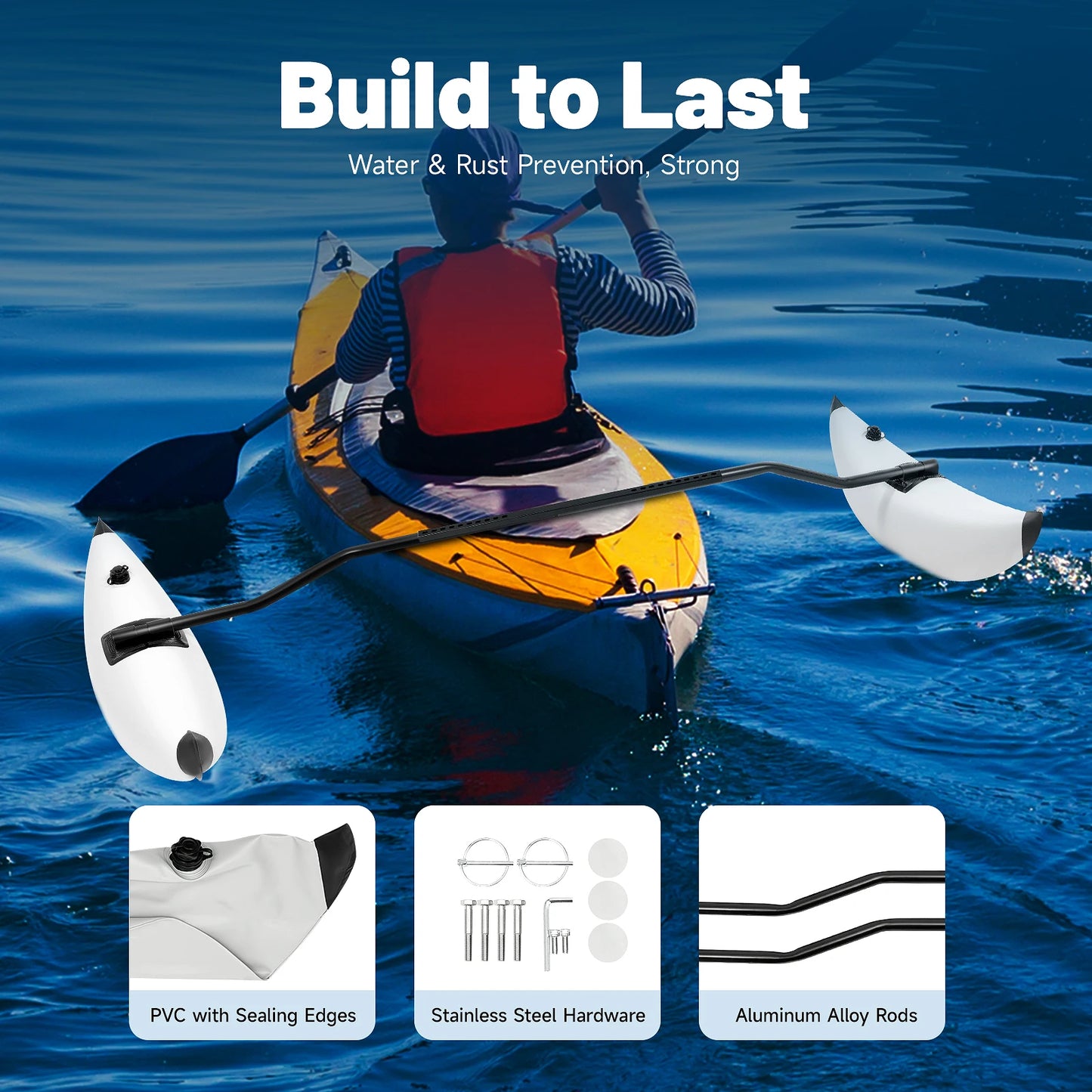 Kayak Inflatable Outriggers PVC Water Float with Dual Valves & Adjustable Sidekicks for Kayaks Canoes Boats Paddling Sailing