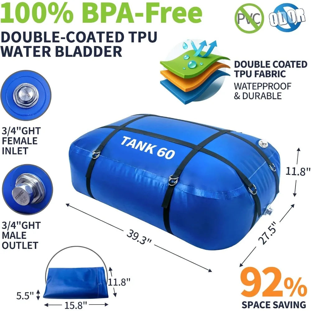 Water Storage Bladder, 60 Gallon Portable RV Fresh Water Tank, Food Grade BPA Free Collapsible Flexible Container for Drinking.
